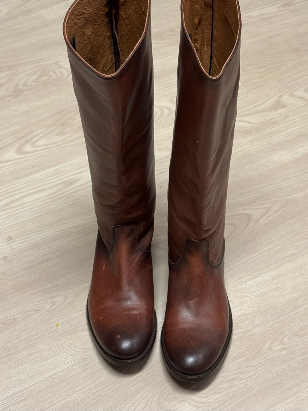 Frye women’s Tall Brown Leather riding Boots back zipper